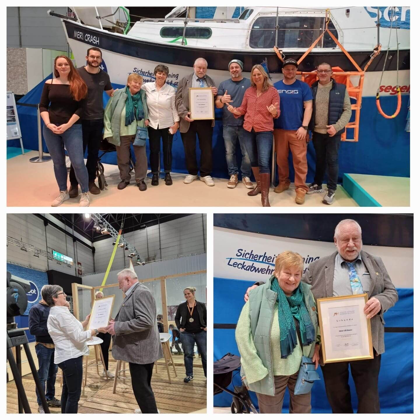 Verleihung der goldenen Ehrennadel für Ulli Pinnow. Eine Gruppe von Menschen steht vor einem Boot in einer Messehalle. Eine Person in der Mitte hält eine gerahmte Urkunde. Die Gruppe zeigt eine positive, freudige Stimmung. Zwei weitere Aufnahmen zeigen die Übergabe und Präsentation der Urkunde.